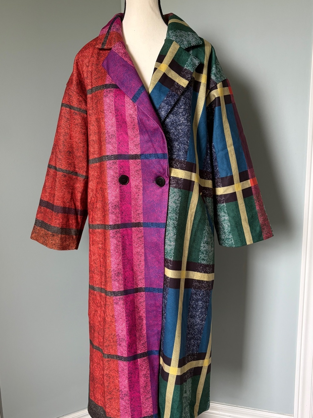 🔥🆕🔥 Uoozee Bold Multi-Colour Patchwork Plaid Trench Coat Overcoat L